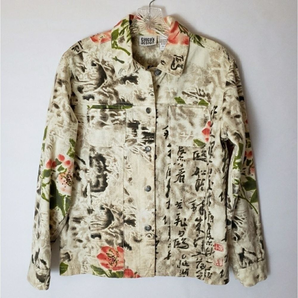 Chico's Design Beaded Floral Print Jean Jacket Size Small Chico's Size 0